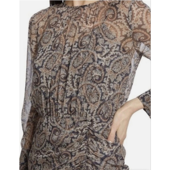 Veronica Beard Palmyra Dress Paisley Print Sheer Long Sleeve Ruched Mini Size 6 - Picture 4 of 7